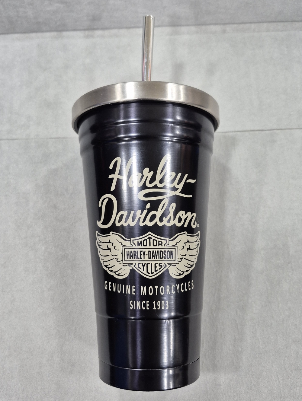Harley Davidson tumbler and straw black and silver 16oz stainless steel 7 inches